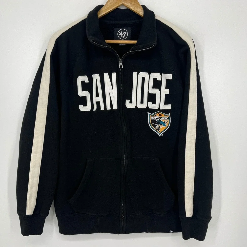 47 Brand San Jose Sharks NHL Full Zip Track Jacket Black White Mens Medium